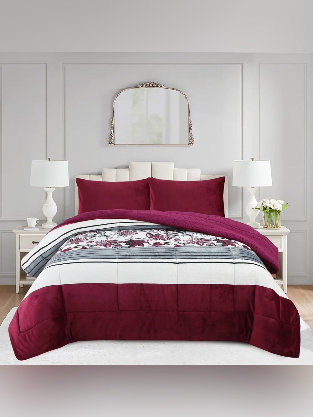 3 PIECE PLUSH SHERPA COMFORTER SET – SOFT FLORAL VELVET